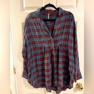Free People Plaid Blue,Red Swing Top M